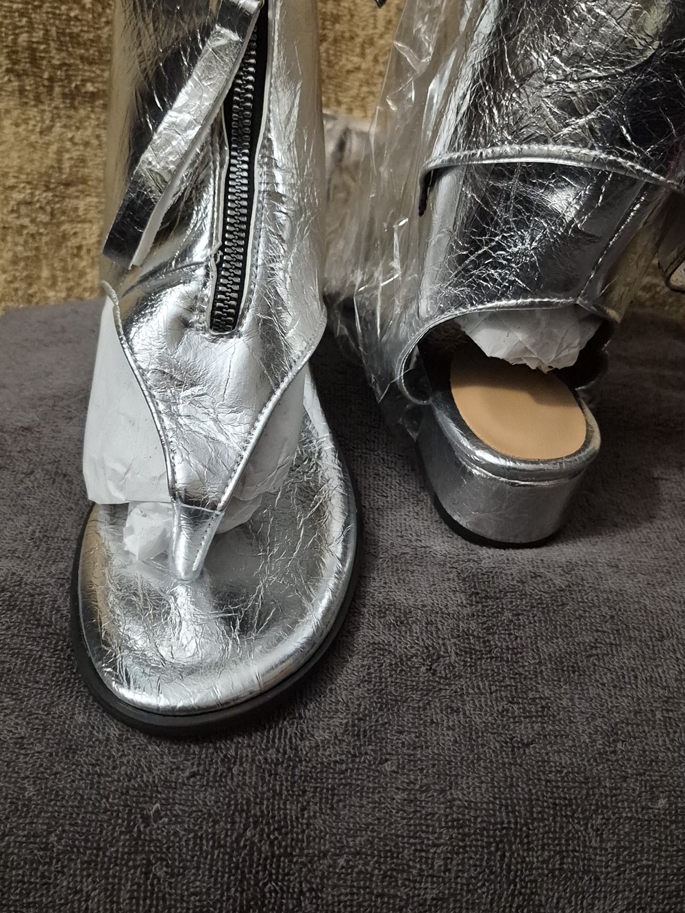 Metallic Silver Ankle Booties with Front Zipper